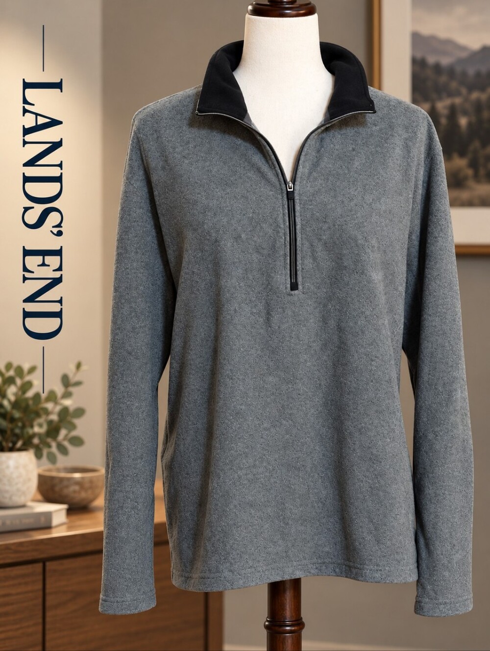 Lands’ End Men’s Gray Quarter-Zip Fleece Pullover with Black Trim